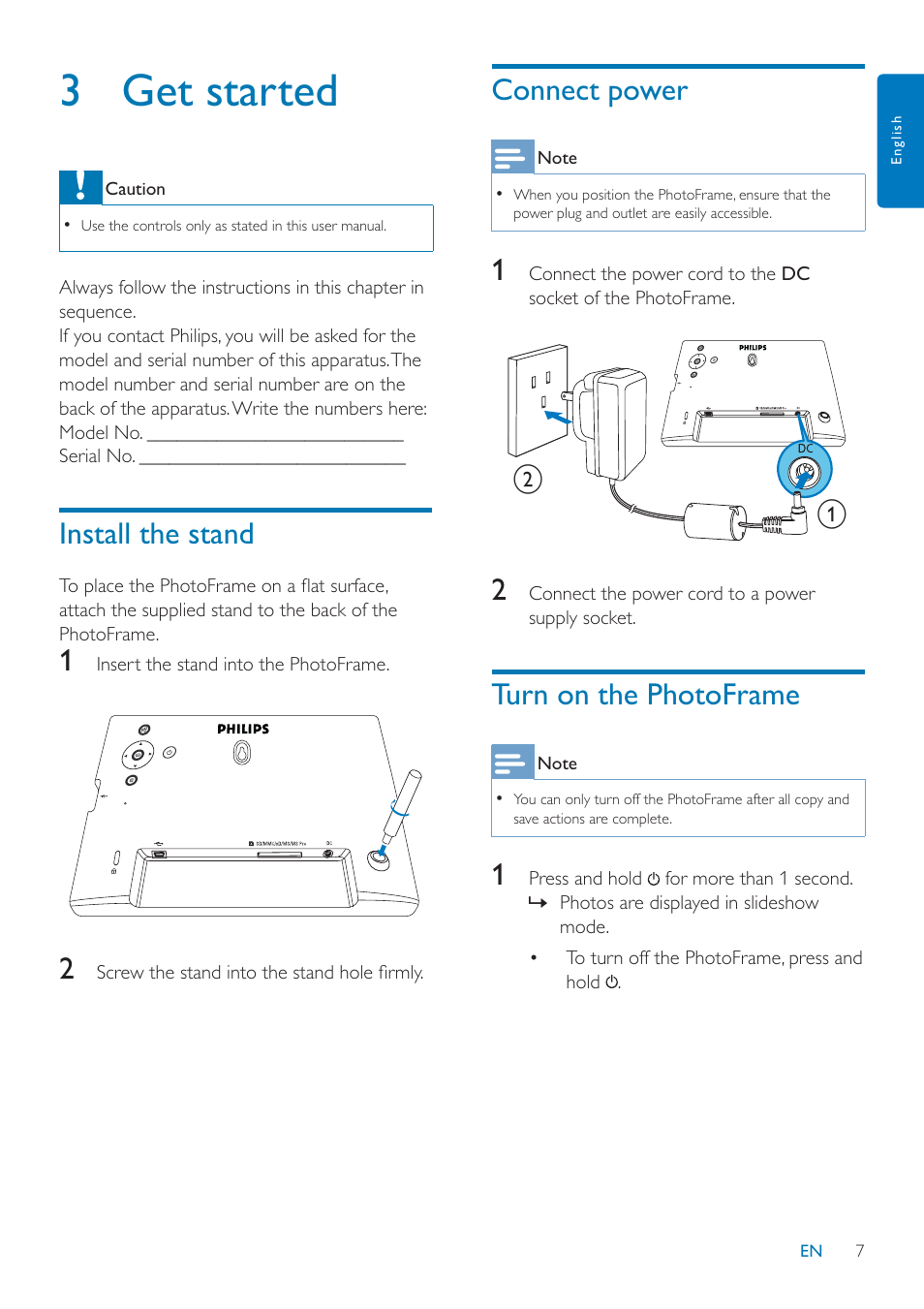 3 get started, Install the stand, Connect power | Turn on the photoframe | Philips SPF1027/05 User Manual | Page 8 / 28