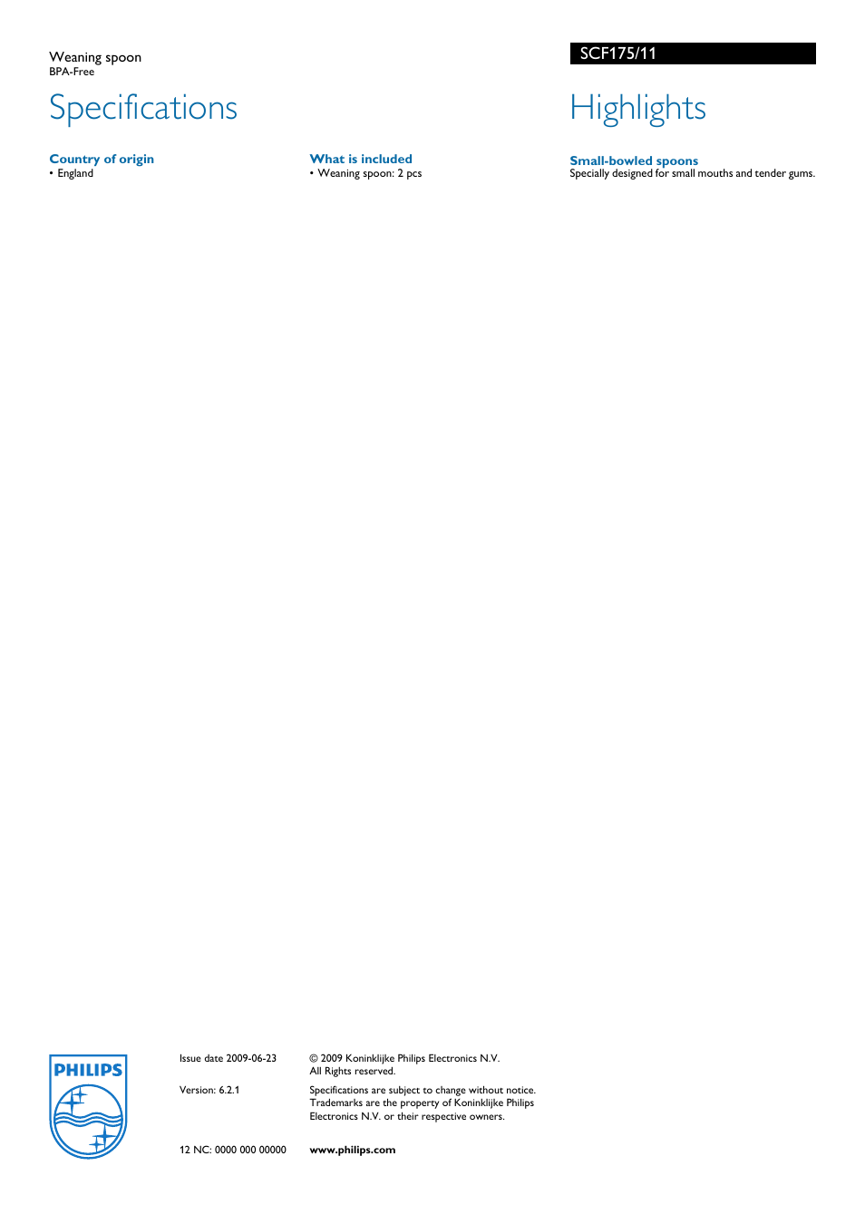 Specifications, Highlights | Philips AVENT Weaning Spoon SCF175/11 User Manual | Page 2 / 2