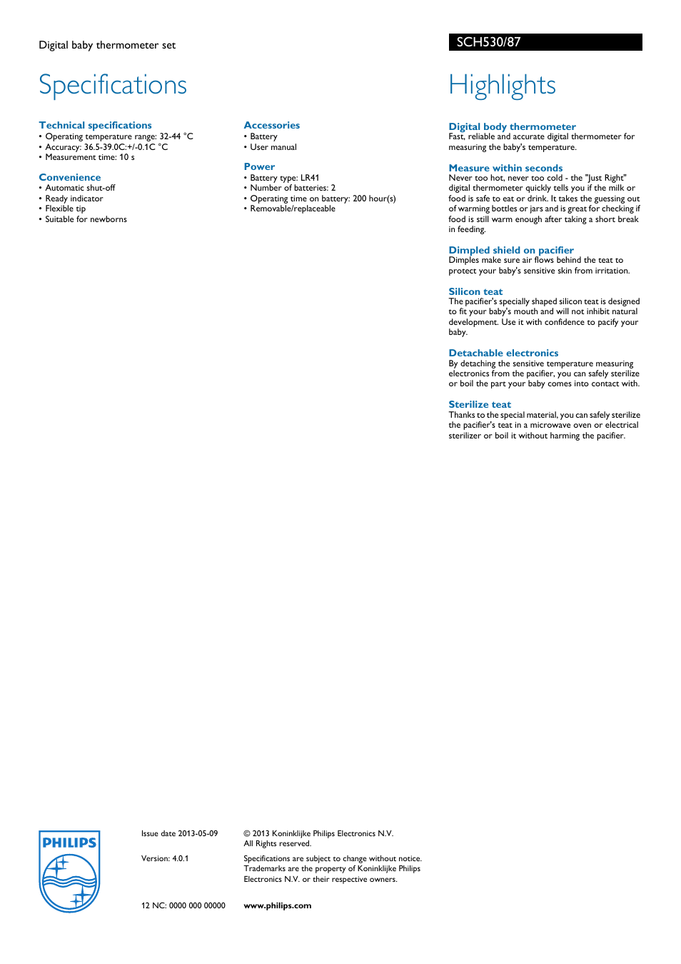 Specifications, Highlights | Philips SCH530/87 User Manual | Page 2 / 2