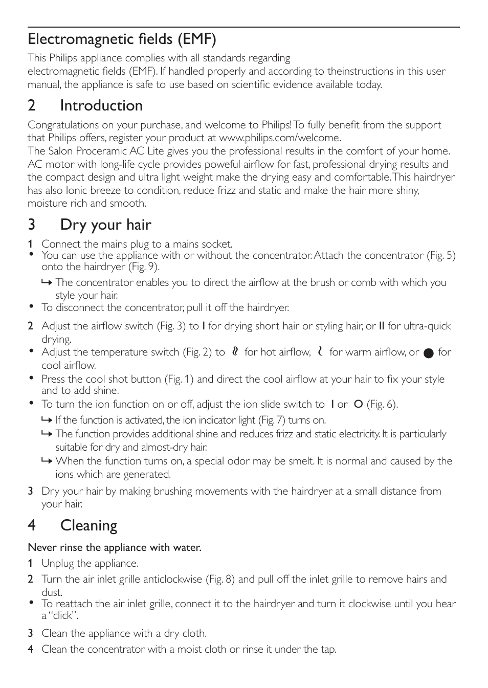 Electromagnetic fields (emf), 2 introduction, 3 dry your hair | 4 cleaning | Philips HP4997 User Manual | Page 4 / 7