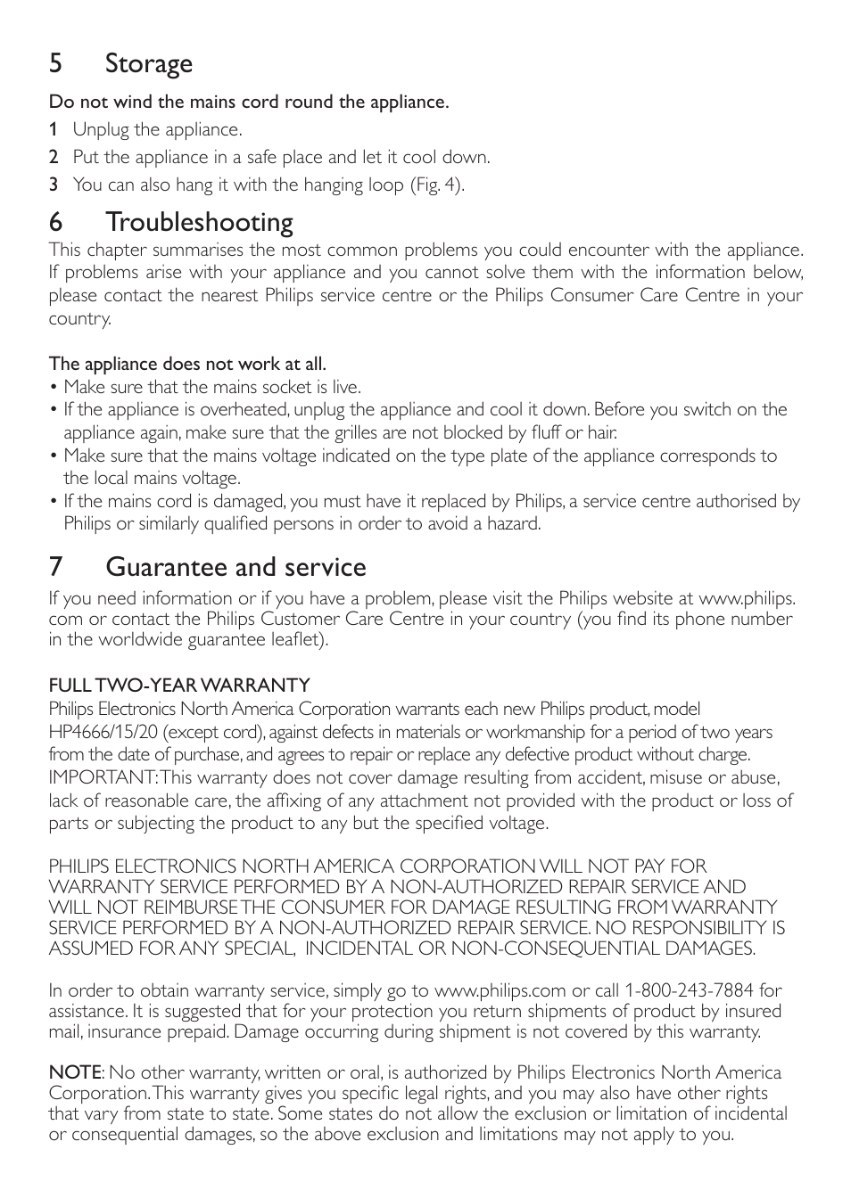 5 storage, 6 troubleshooting, 7 guarantee and service | Philips HP4997 User Manual | Page 5 / 7