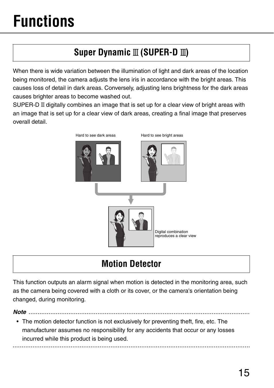 Functions, Super dynamic iii (super-d iii ) motion detector | Philips WV-NW484S User Manual | Page 15 / 50