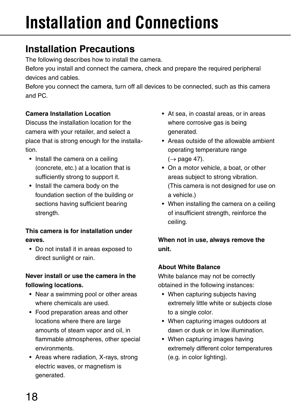 Installation and connections, Installation precautions | Philips WV-NW484S User Manual | Page 18 / 50