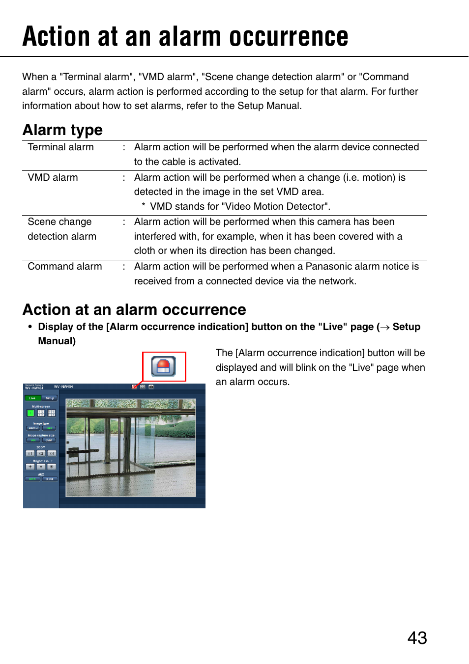 Action at an alarm occurrence, Alarm type action at an alarm occurrence | Philips WV-NW484S User Manual | Page 43 / 50