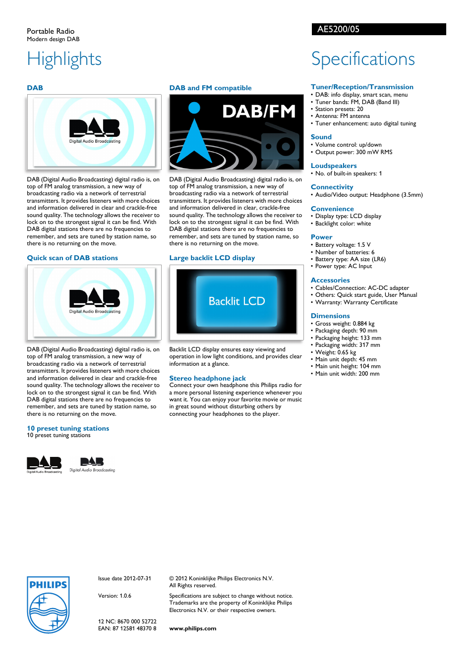 Highlights, Specifications | Philips AE5200/05 User Manual | Page 2 / 2