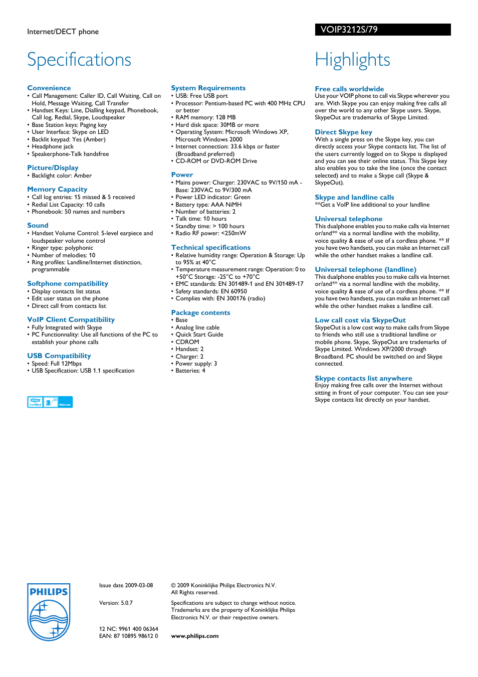 Specifications, Highlights | Philips VOIP3212S User Manual | Page 2 / 2