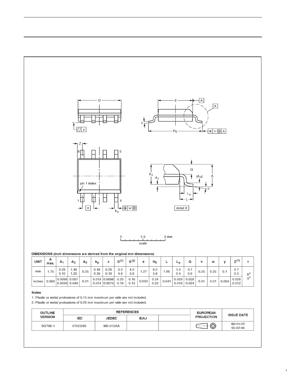 Package outline, Sot96-1, Sa5205a wide-band high-frequency amplifier | Philips SA5205A User Manual | Page 12 / 13