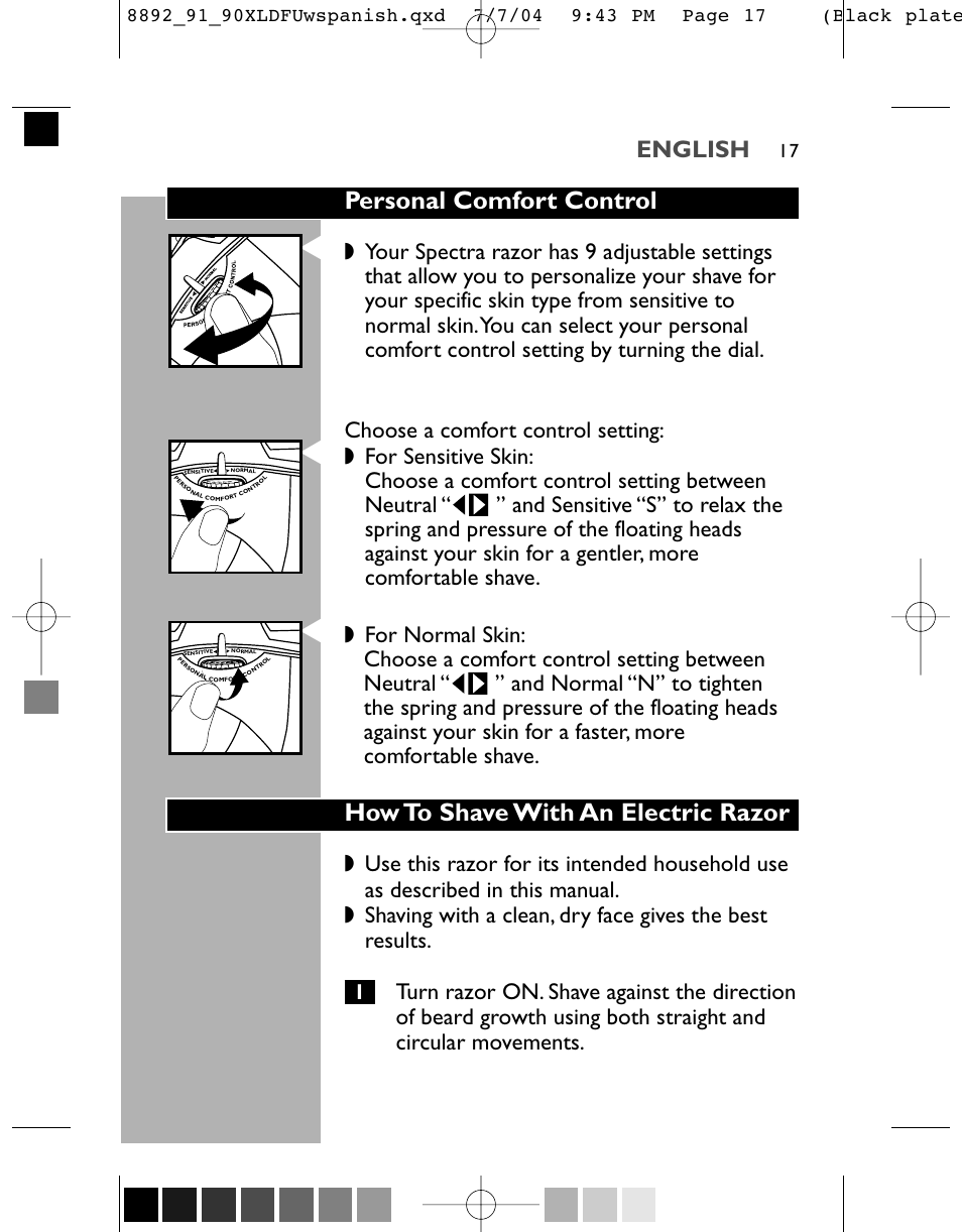 Personal comfort control, How to shave with an electric razor, English | Philips 8891XL User Manual | Page 17 / 52