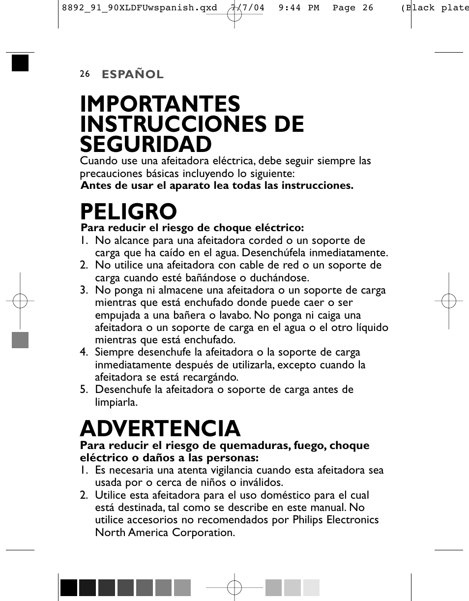 Importantes instrucciones de seguridad, Peligro, Advertencia | Philips 8891XL User Manual | Page 26 / 52