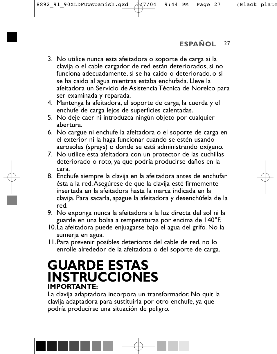 Guarde estas instrucciones | Philips 8891XL User Manual | Page 27 / 52