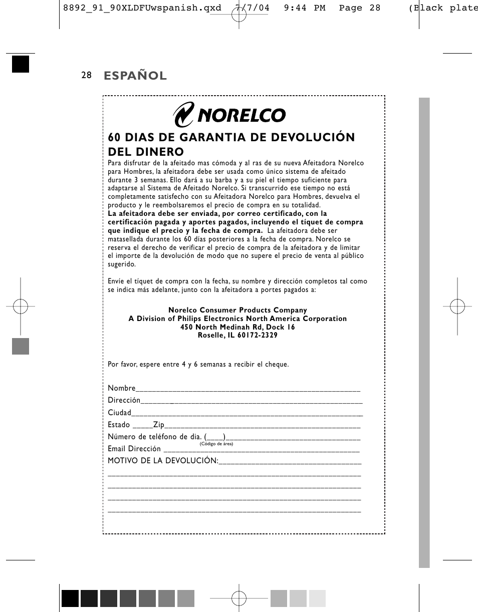 Español, 60 dias de garantia de devolución del dinero | Philips 8891XL User Manual | Page 28 / 52