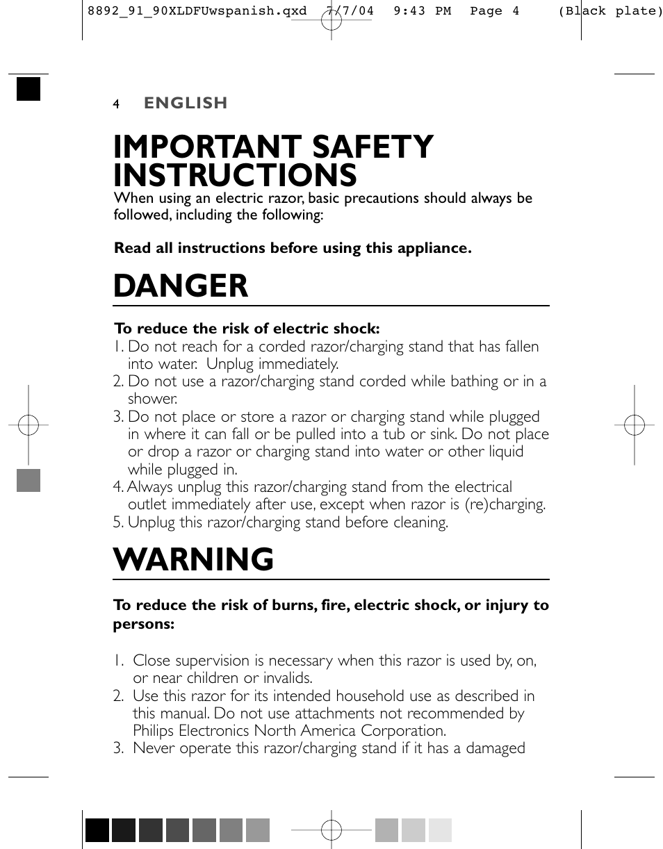 Important safety instructions, Danger, Warning | Philips 8891XL User Manual | Page 4 / 52