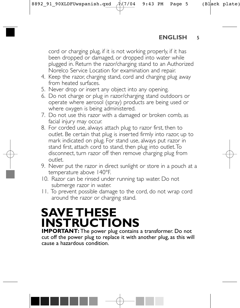 Save these instructions | Philips 8891XL User Manual | Page 5 / 52