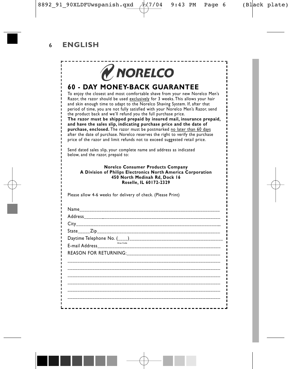 English, 60 - day money-back guarantee | Philips 8891XL User Manual | Page 6 / 52