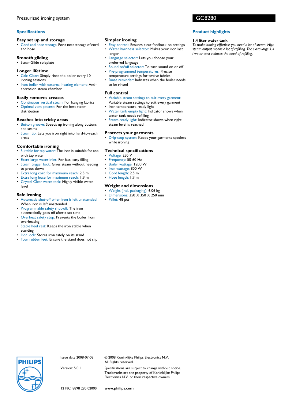 Gc8280 | Philips GC8280 User Manual | Page 2 / 2