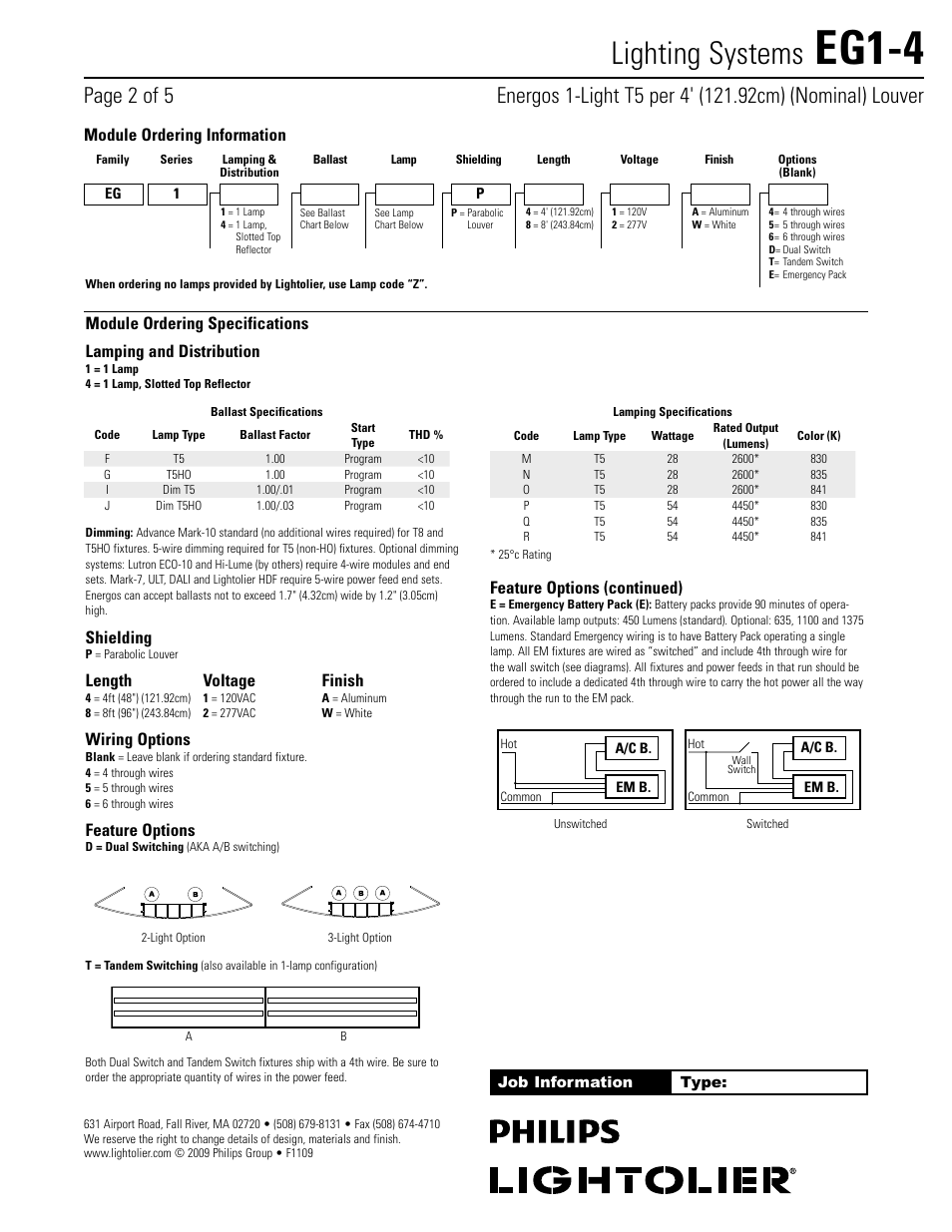Module ordering information, Family, Lamping & distribution | Finish, Options, 1 = 1 lamp, 4 = 1 lamp, slotted top reflector, Shielding, Length voltage finish, Wiring options | Philips Lightolier EG1-4 User Manual | Page 2 / 5