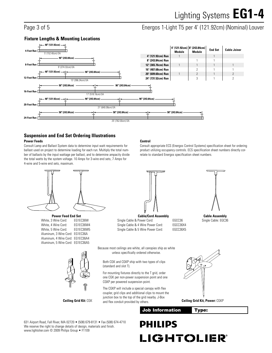 Fixture lengths & mounting locations, Suspenslon and end set ordering illustrations, Control | Power feed end set, Cable/cord assembly, Cable assembly, Eg1-4, Lightoliizir, Philips, Lighting systems | Philips Lightolier EG1-4 User Manual | Page 3 / 5