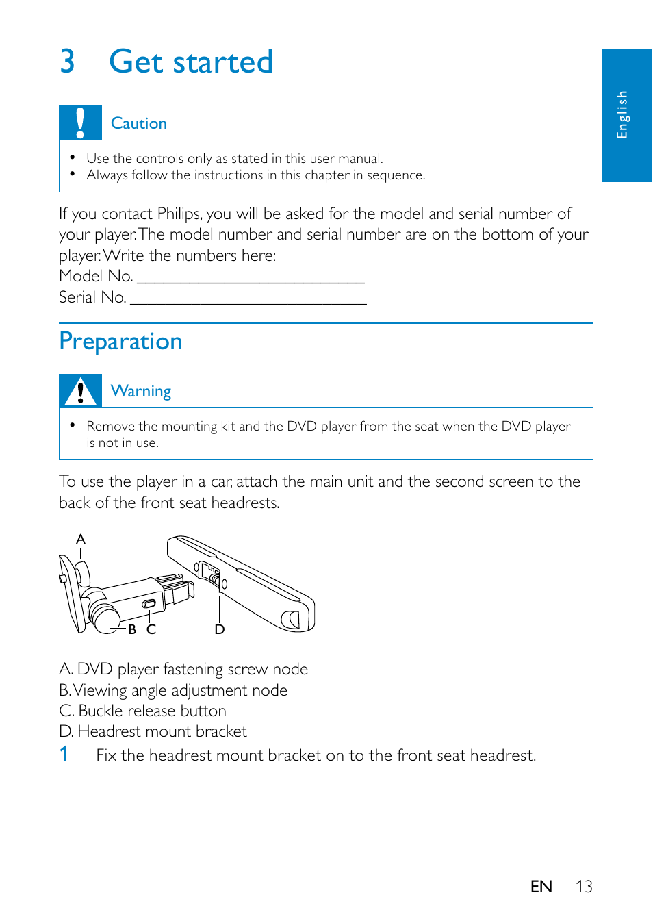 3 get started, Preparation, 3 get | Started, Preparation 13 | Philips PD7013/55 User Manual | Page 12 / 24