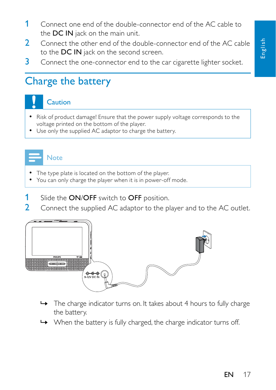 Charge the battery | Philips PD7013/55 User Manual | Page 16 / 24