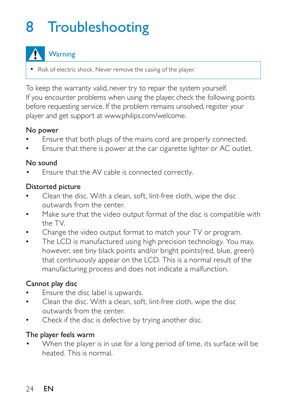 8 troubleshooting | Philips PD7013/55 User Manual | Page 23 / 24