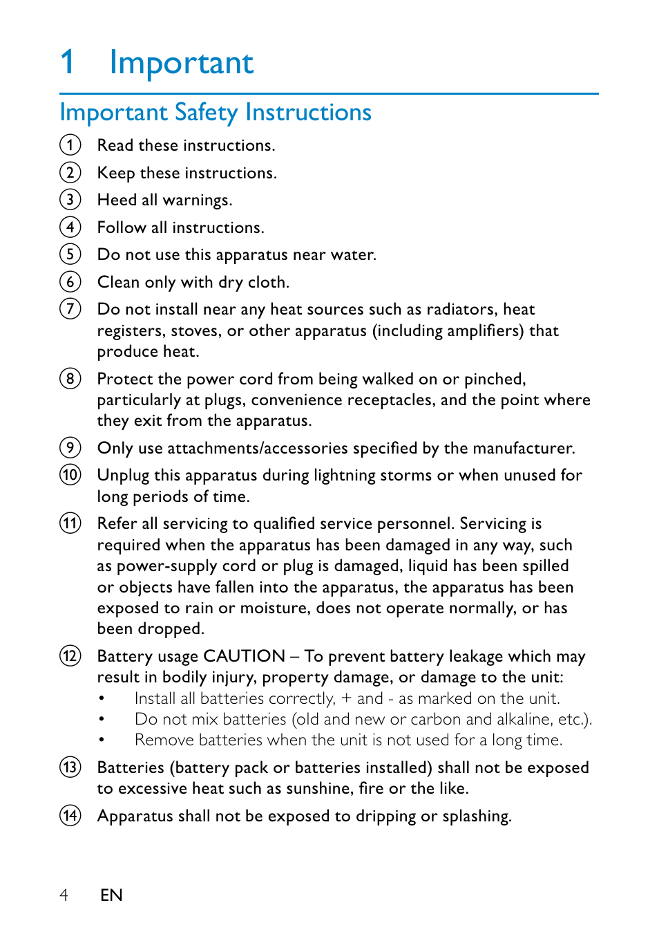 1 important, Important safety instructions | Philips PD7013/55 User Manual | Page 3 / 24