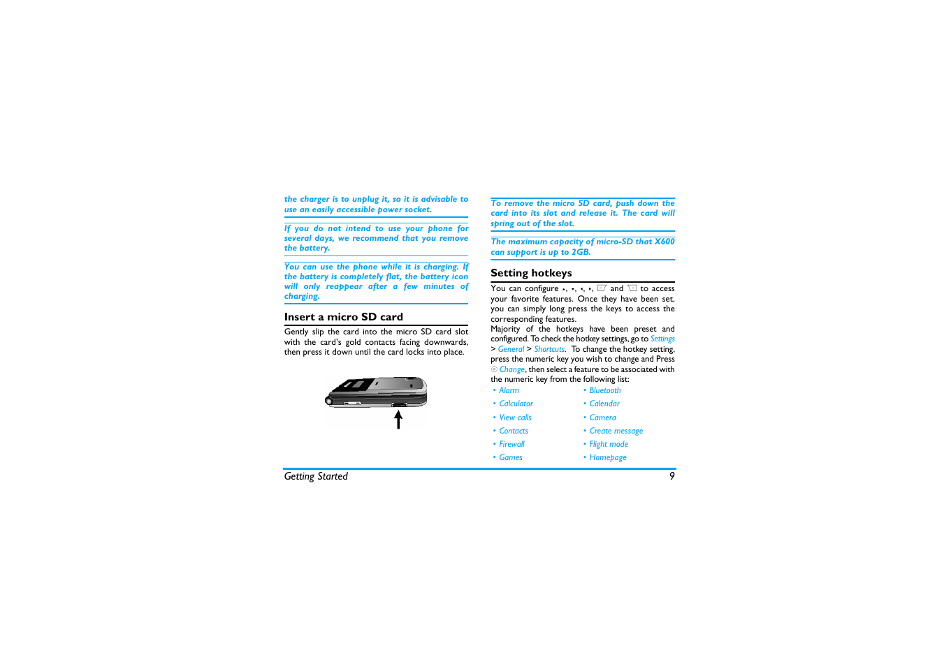 Insert a micro sd card, Setting hotkeys | Philips X600 User Manual | Page 10 / 91