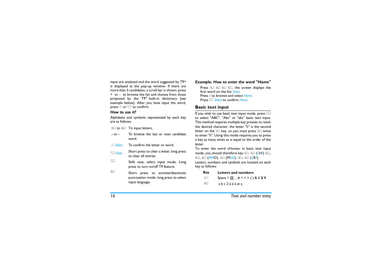 How to use it, Example: how to enter the word "home, Basic text input | Philips X600 User Manual | Page 17 / 91