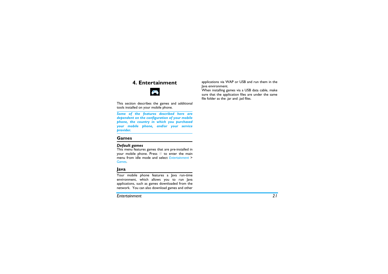 Entertainment, Games, Default games | Java | Philips X600 User Manual | Page 22 / 91