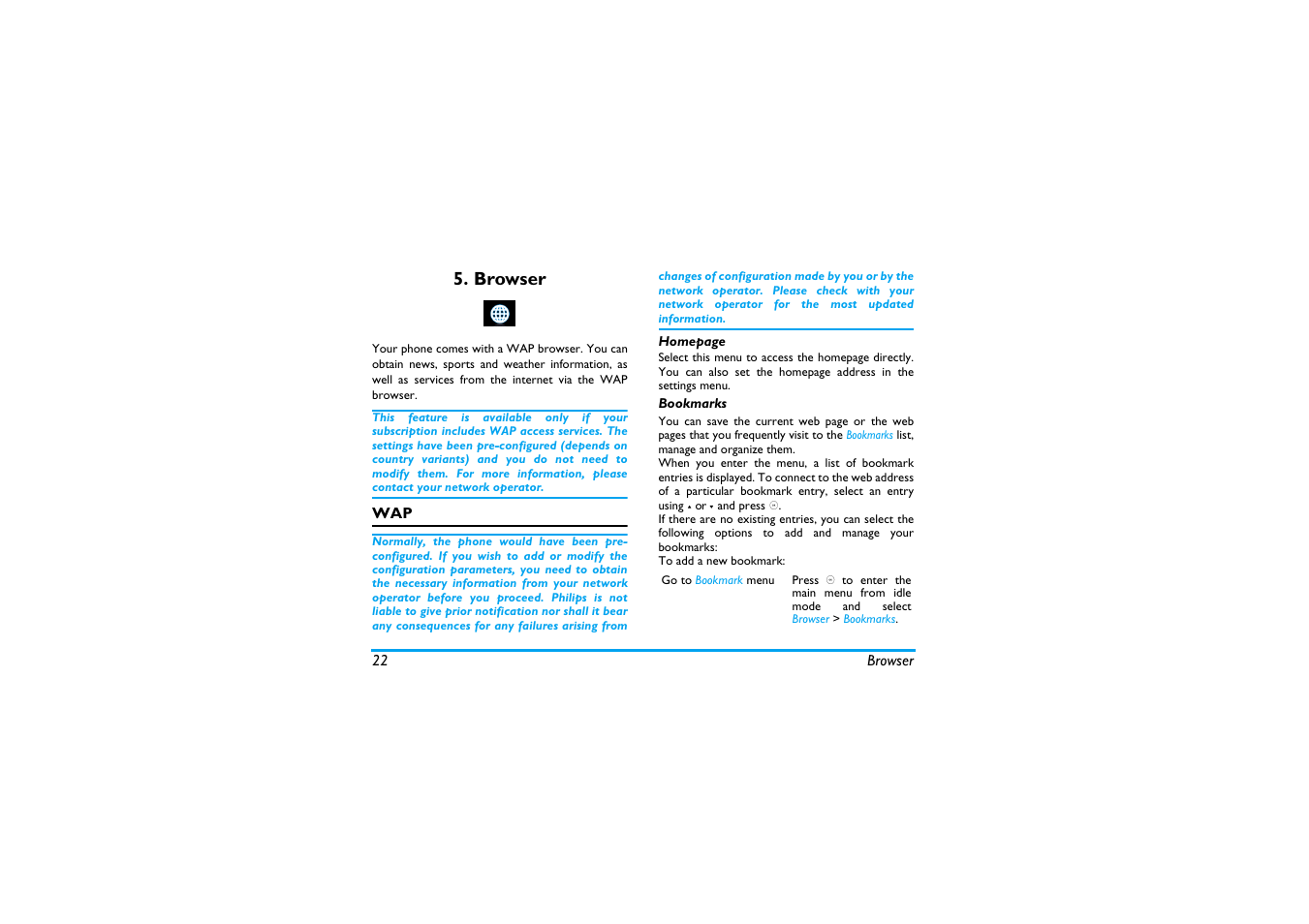 Browser, Bookmarks | Philips X600 User Manual | Page 23 / 91