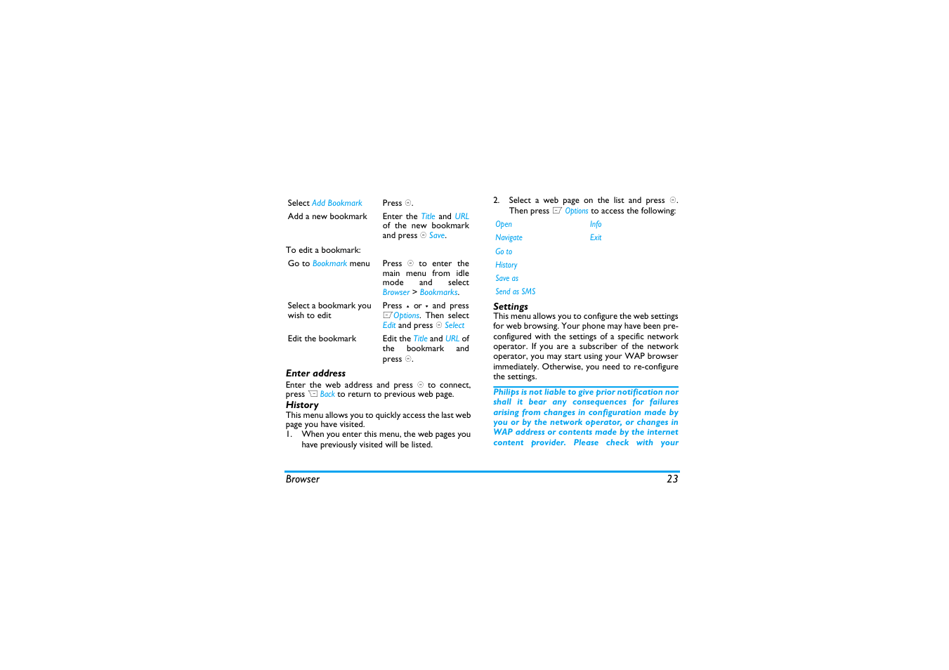 Enter address, History, Settings | Philips X600 User Manual | Page 24 / 91