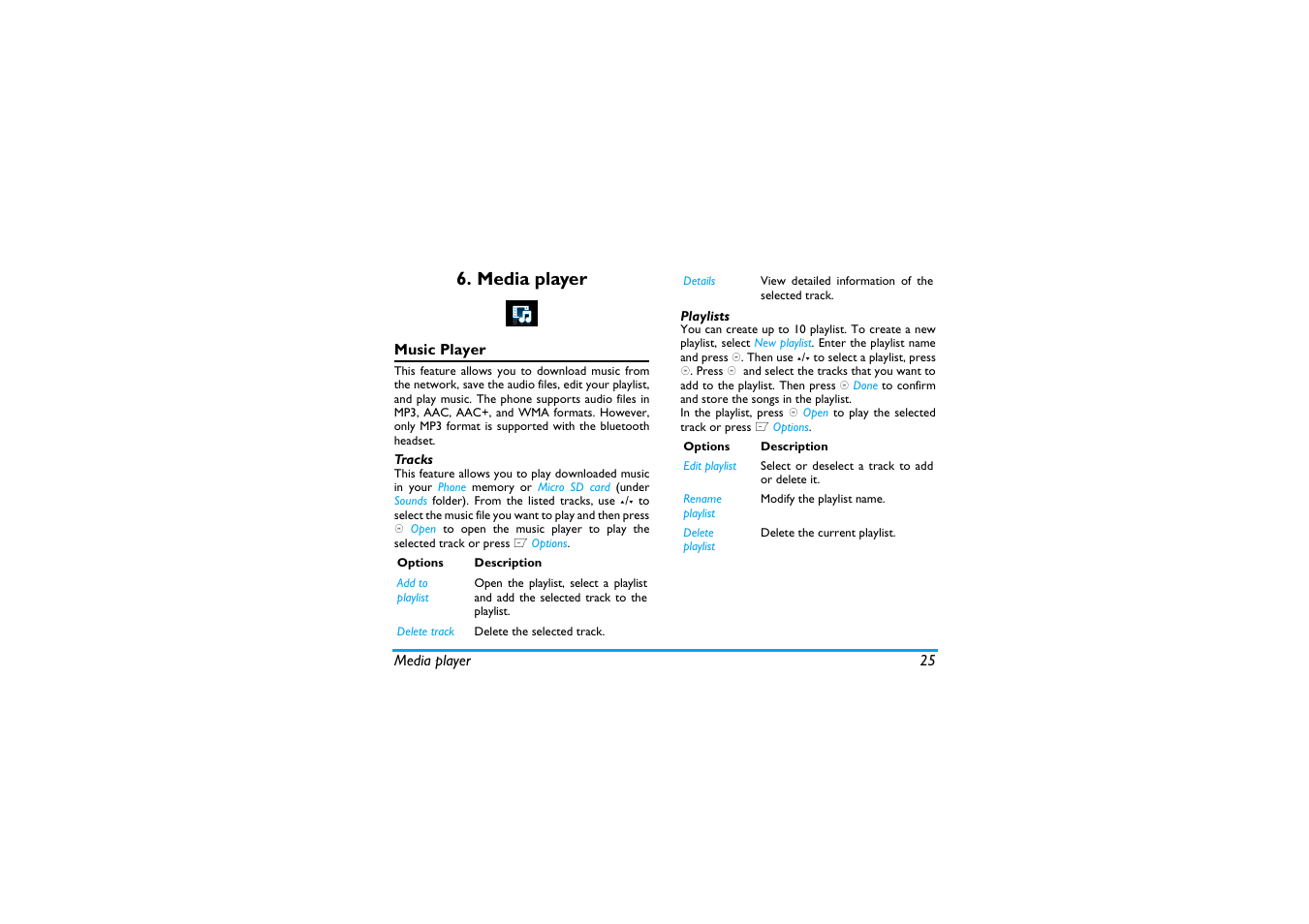 Media player, Music player, Tracks | Playlists | Philips X600 User Manual | Page 26 / 91