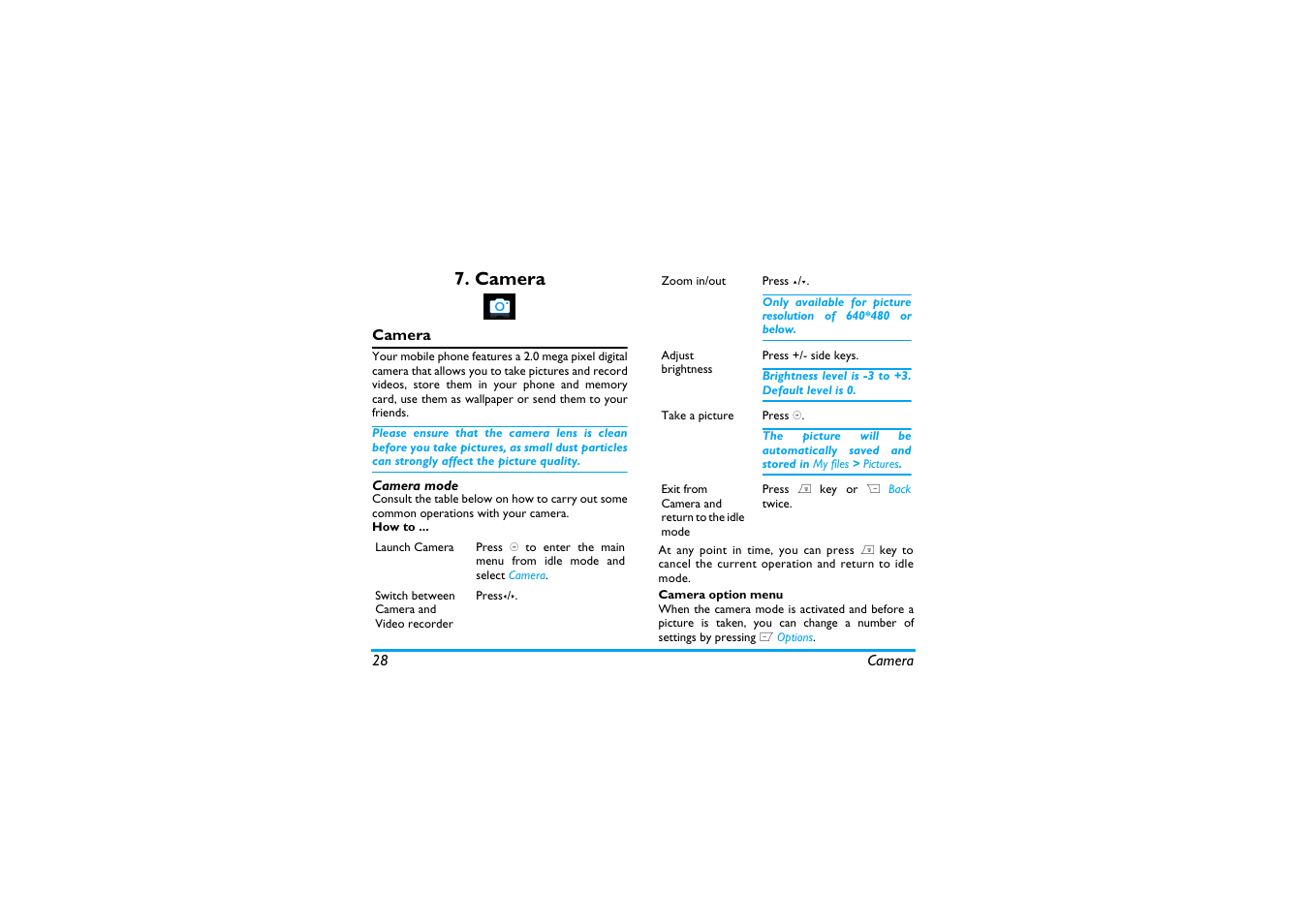 Camera, Camera mode | Philips X600 User Manual | Page 29 / 91
