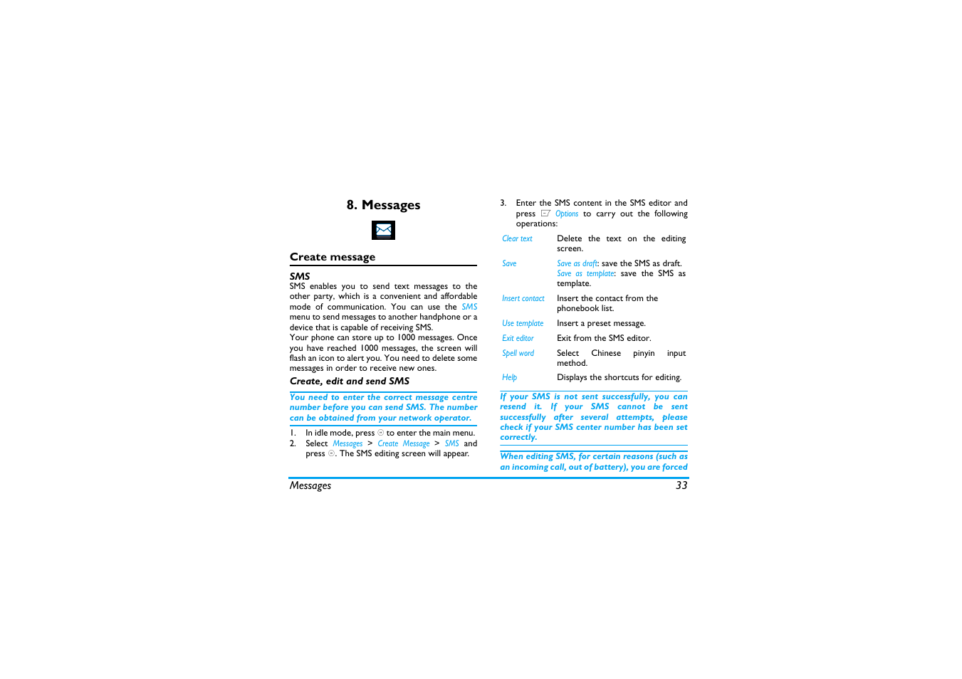Messages, Create message, Create, edit and send sms | Philips X600 User Manual | Page 34 / 91