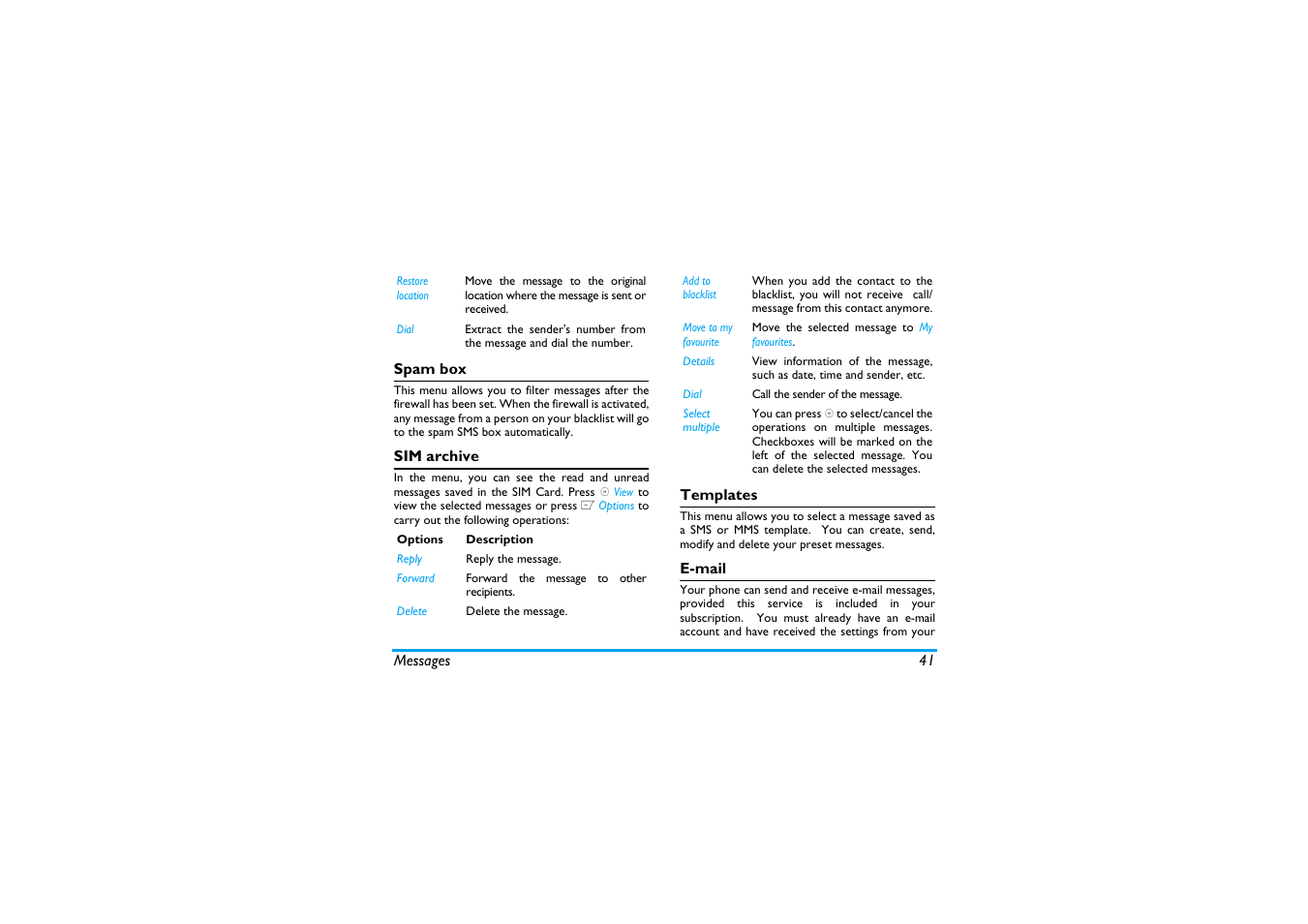 Spam box, Sim archive, Templates | E-mail | Philips X600 User Manual | Page 42 / 91