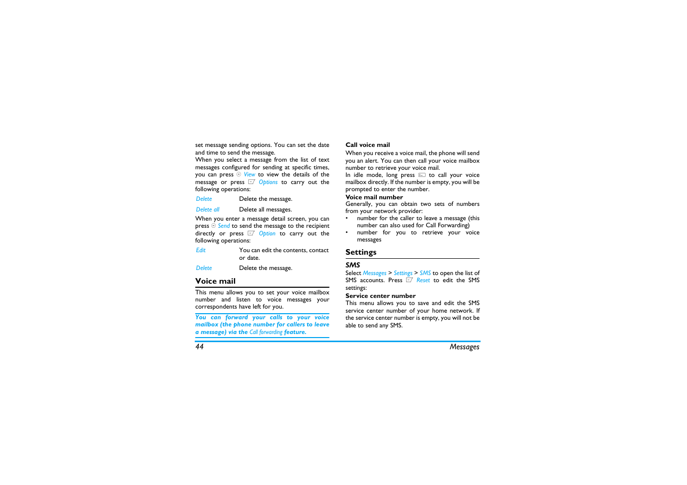 Voice mail, Settings | Philips X600 User Manual | Page 45 / 91