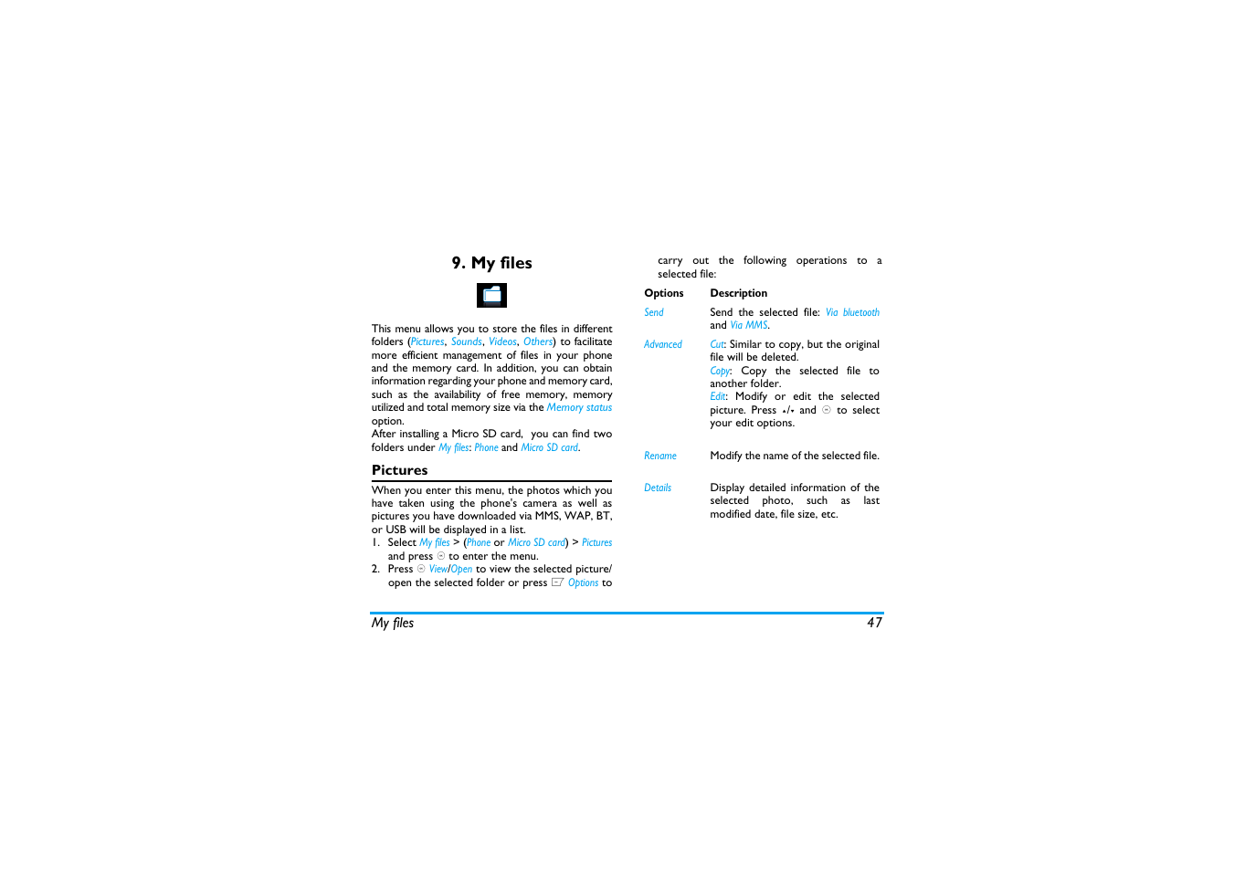 My files, Pictures | Philips X600 User Manual | Page 48 / 91