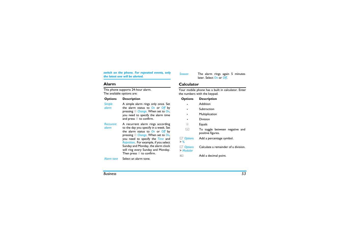 Alarm, Calculator | Philips X600 User Manual | Page 54 / 91