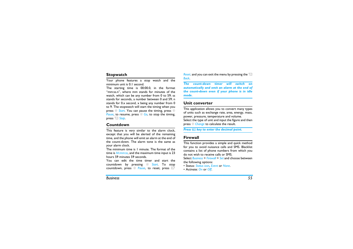 Stopwatch, Countdown, Unit converter | Firewall | Philips X600 User Manual | Page 56 / 91