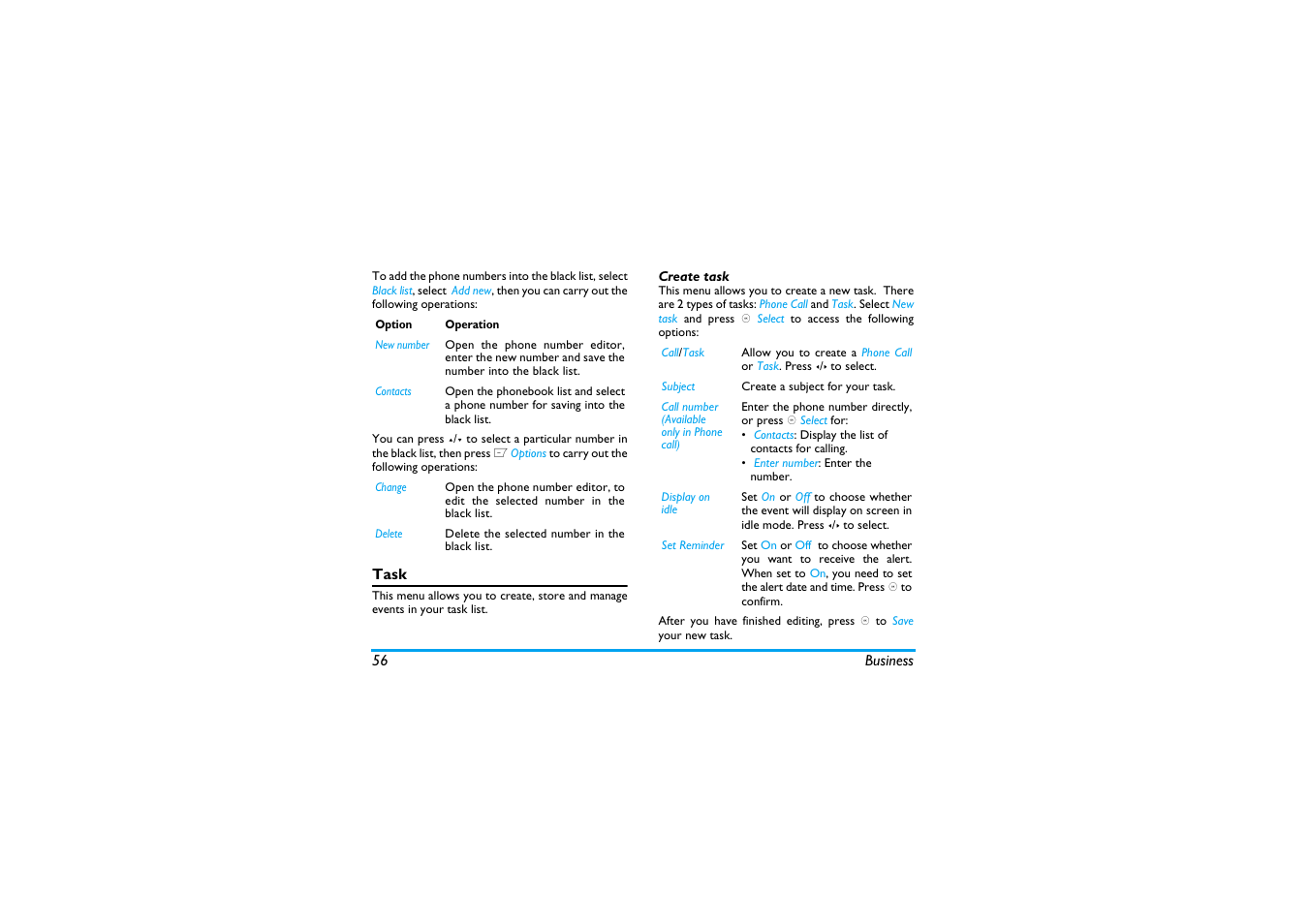 Task, Create task | Philips X600 User Manual | Page 57 / 91