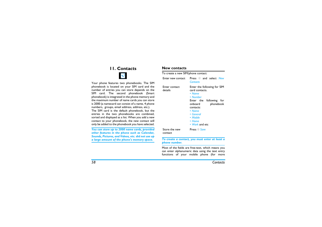 Contacts, New contacts | Philips X600 User Manual | Page 59 / 91