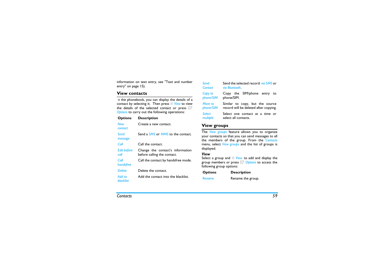 View contacts, View groups, View | Philips X600 User Manual | Page 60 / 91