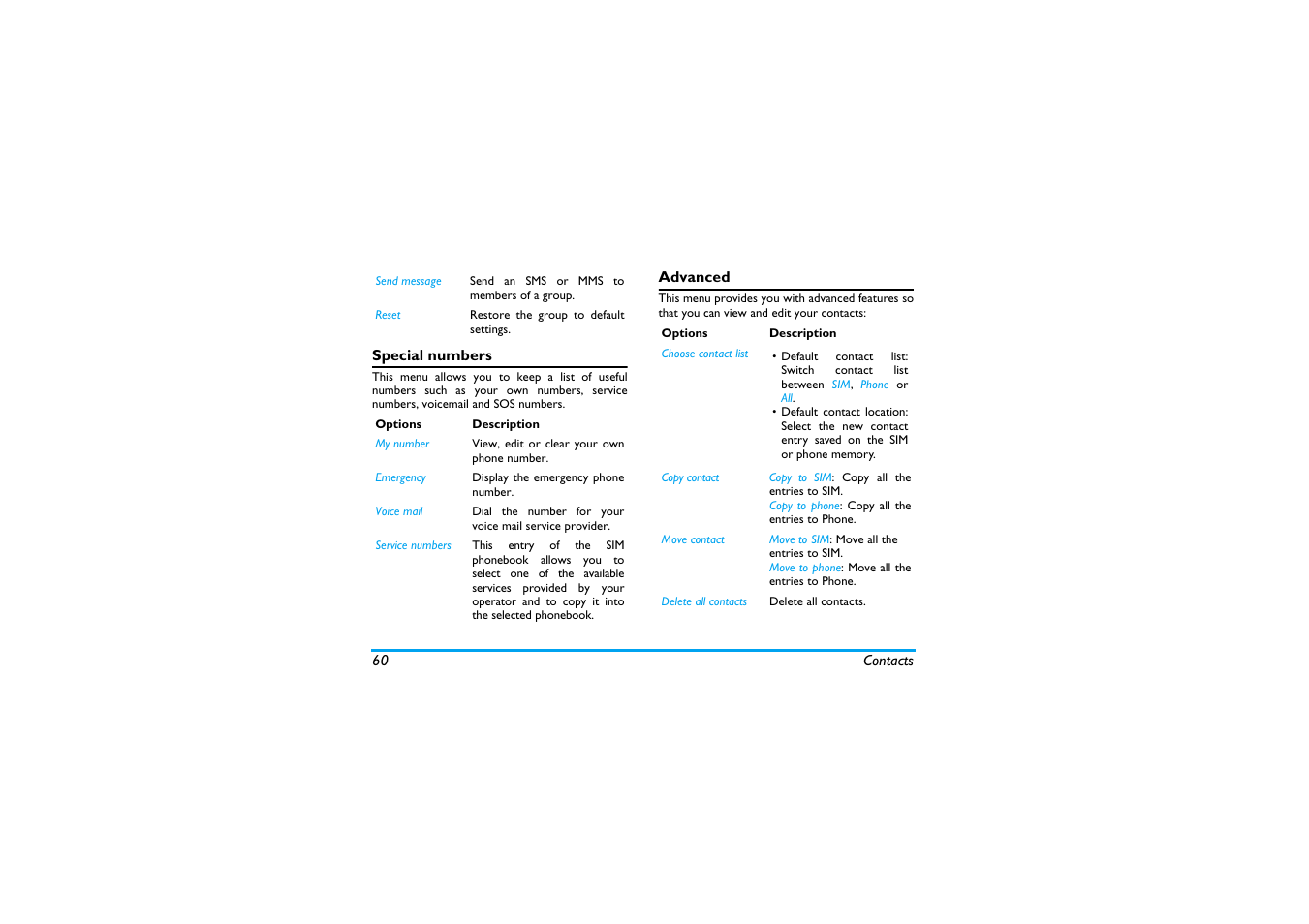 Special numbers, Advanced | Philips X600 User Manual | Page 61 / 91
