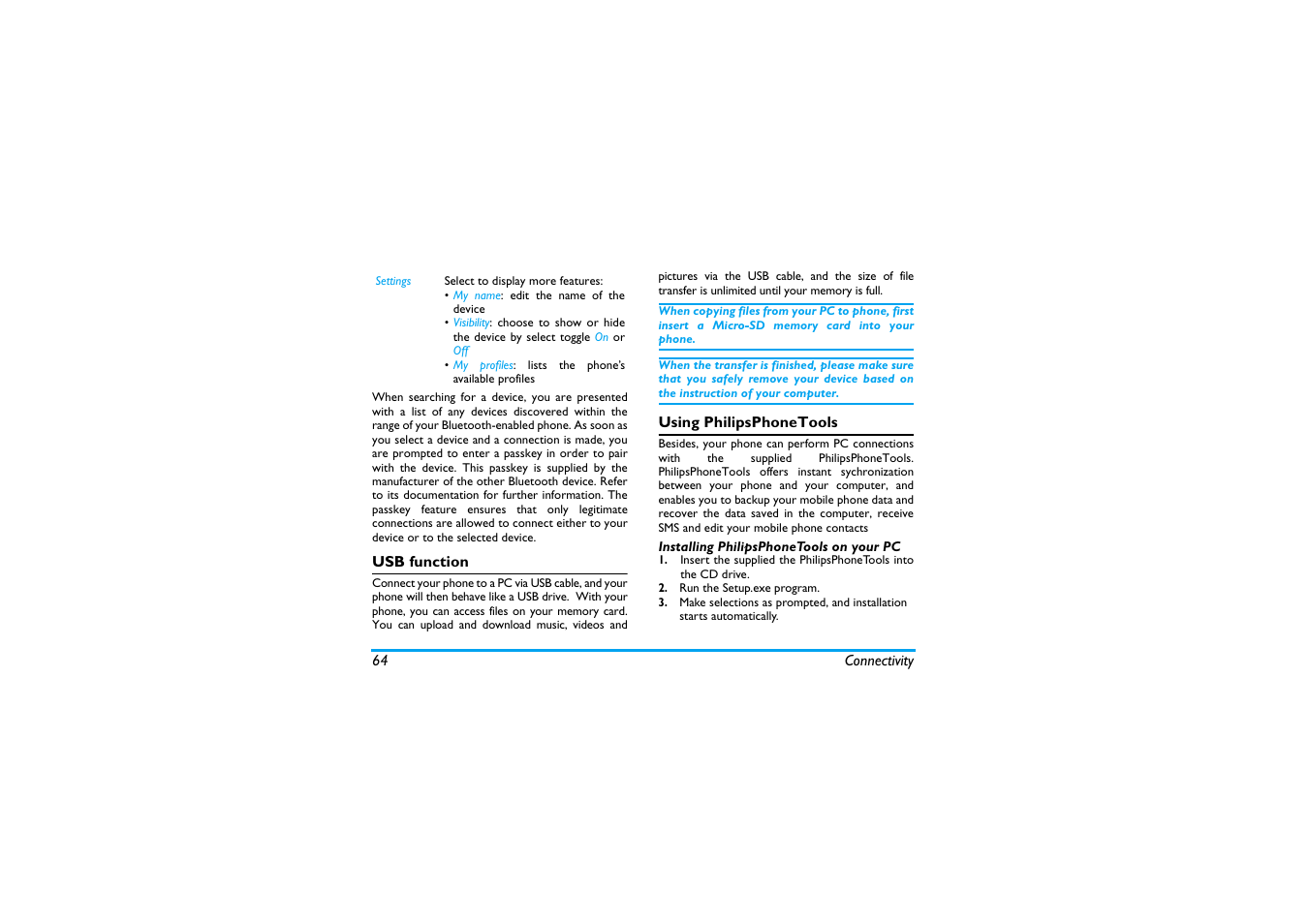 Usb function, Using philipsphonetools, Installing philipsphonetools on your pc | Philips X600 User Manual | Page 65 / 91