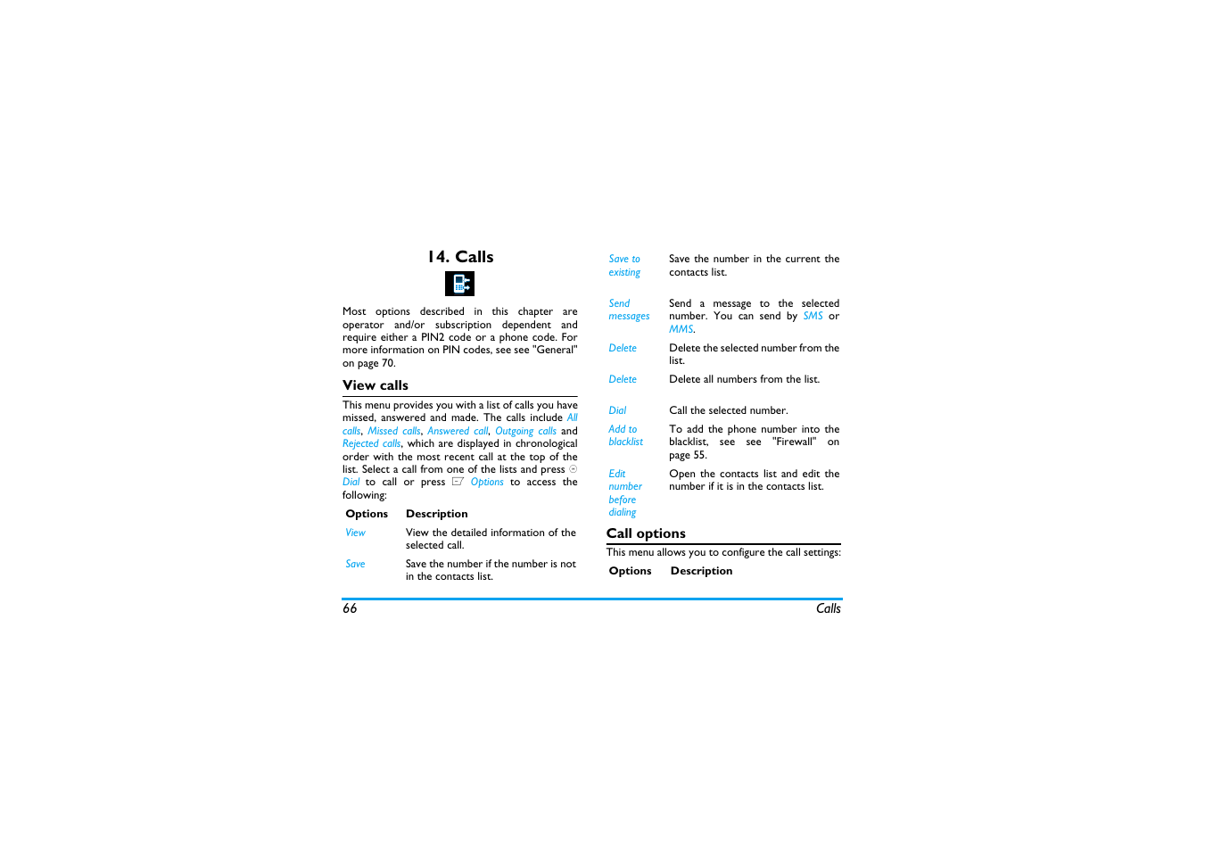 Calls, View calls, Call options | Philips X600 User Manual | Page 67 / 91