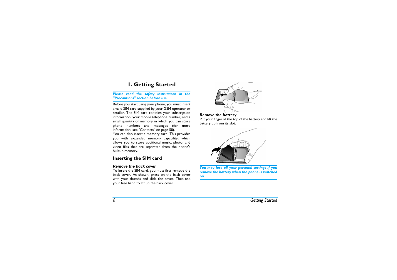 Getting started, Inserting the sim card, Remove the back cover | Remove the battery | Philips X600 User Manual | Page 7 / 91