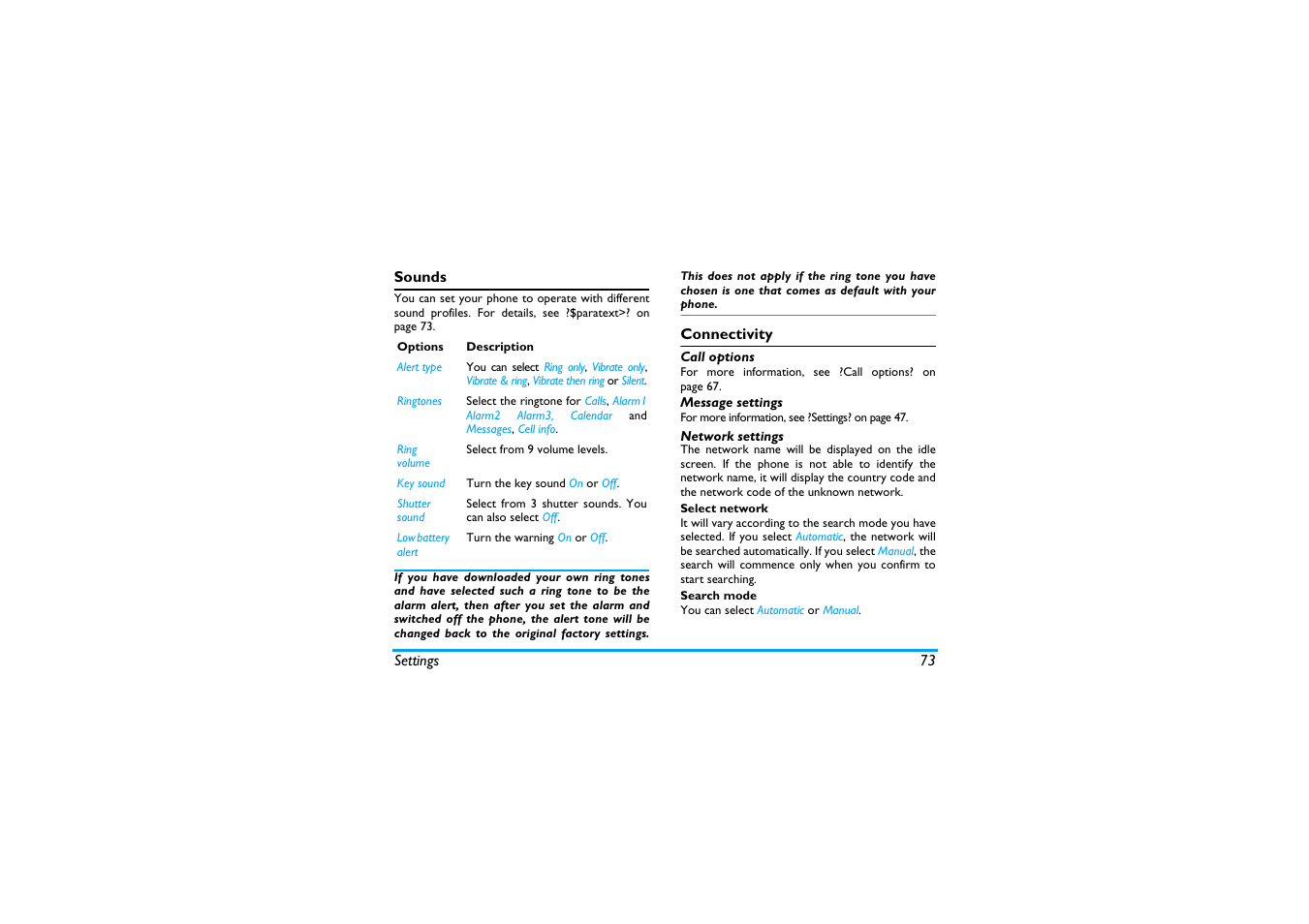 Sounds, Connectivity, Call options | Message settings, Network settings | Philips X600 User Manual | Page 74 / 91