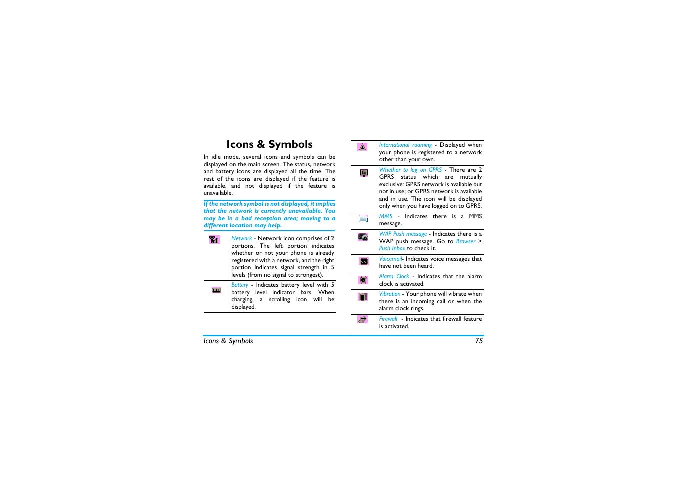 Icons & symbols | Philips X600 User Manual | Page 76 / 91