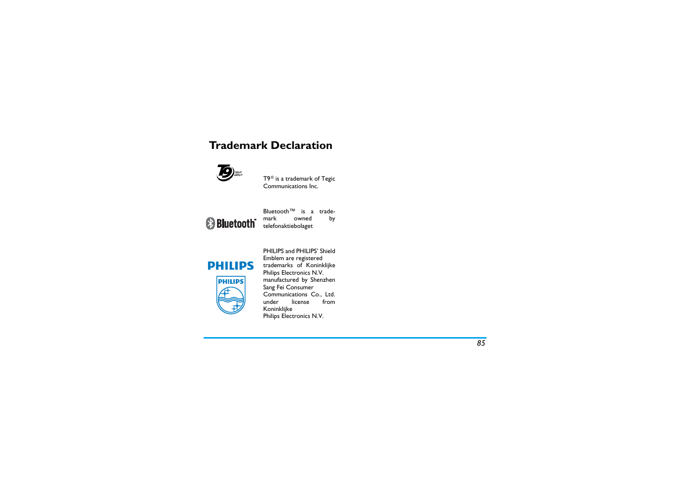 Trademark declaration | Philips X600 User Manual | Page 86 / 91
