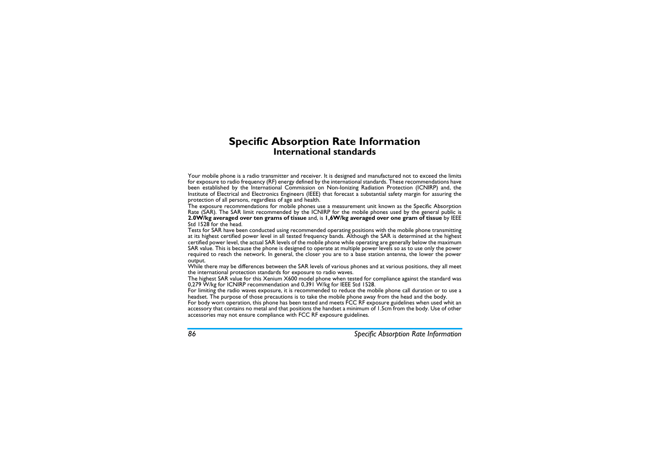 Specific absorption rate information | Philips X600 User Manual | Page 87 / 91