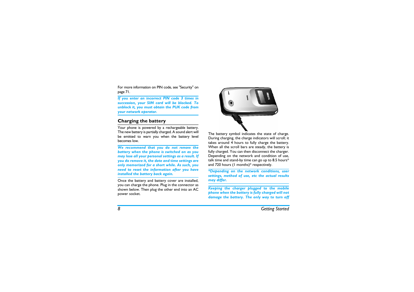 Charging the battery | Philips X600 User Manual | Page 9 / 91